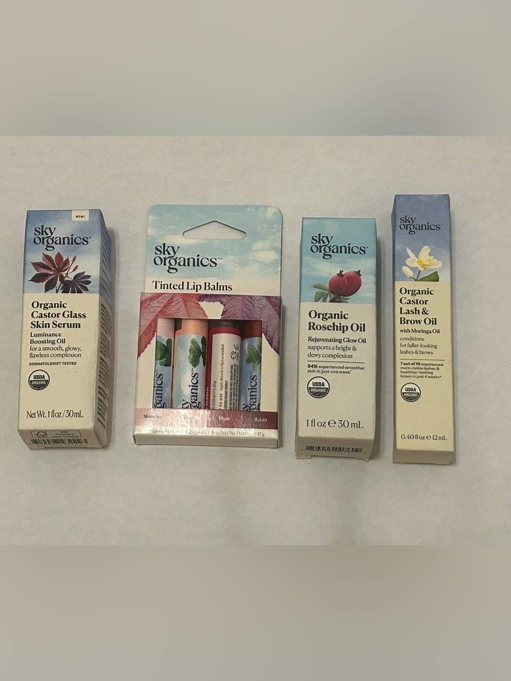 Sky Organics set with Rosehip oil, Castor oil, tinted lip balm, hair/lash growth